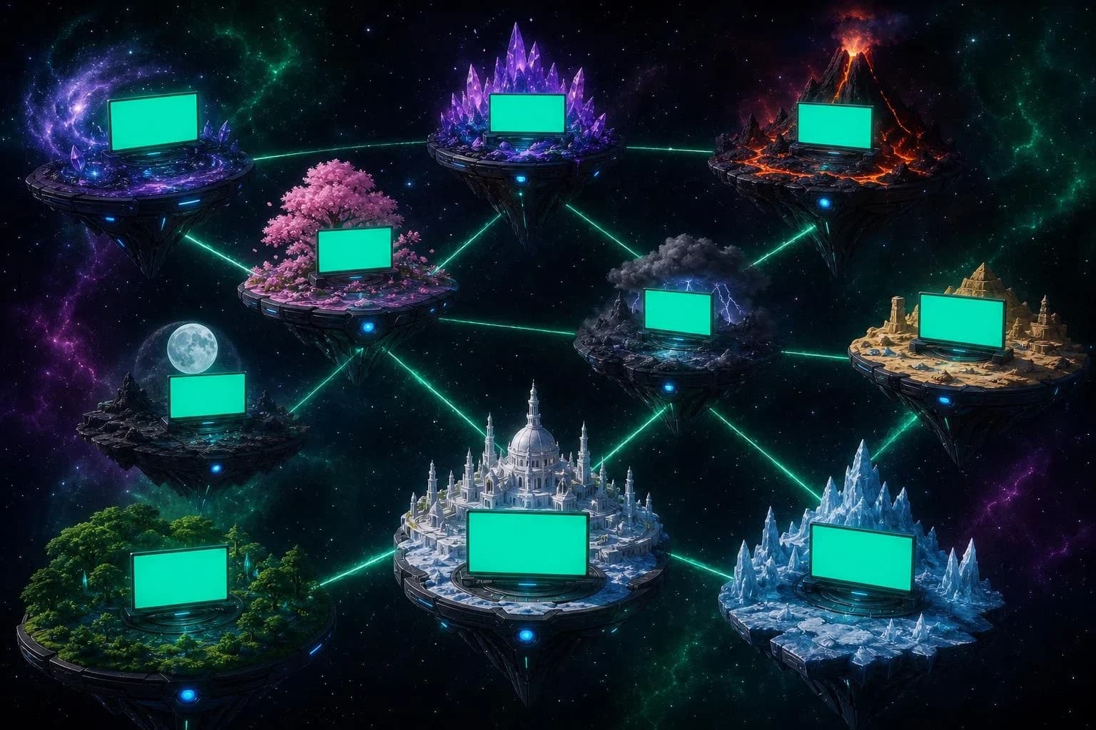 Ten panels across ten worlds, all running the same demo brand at the same moment