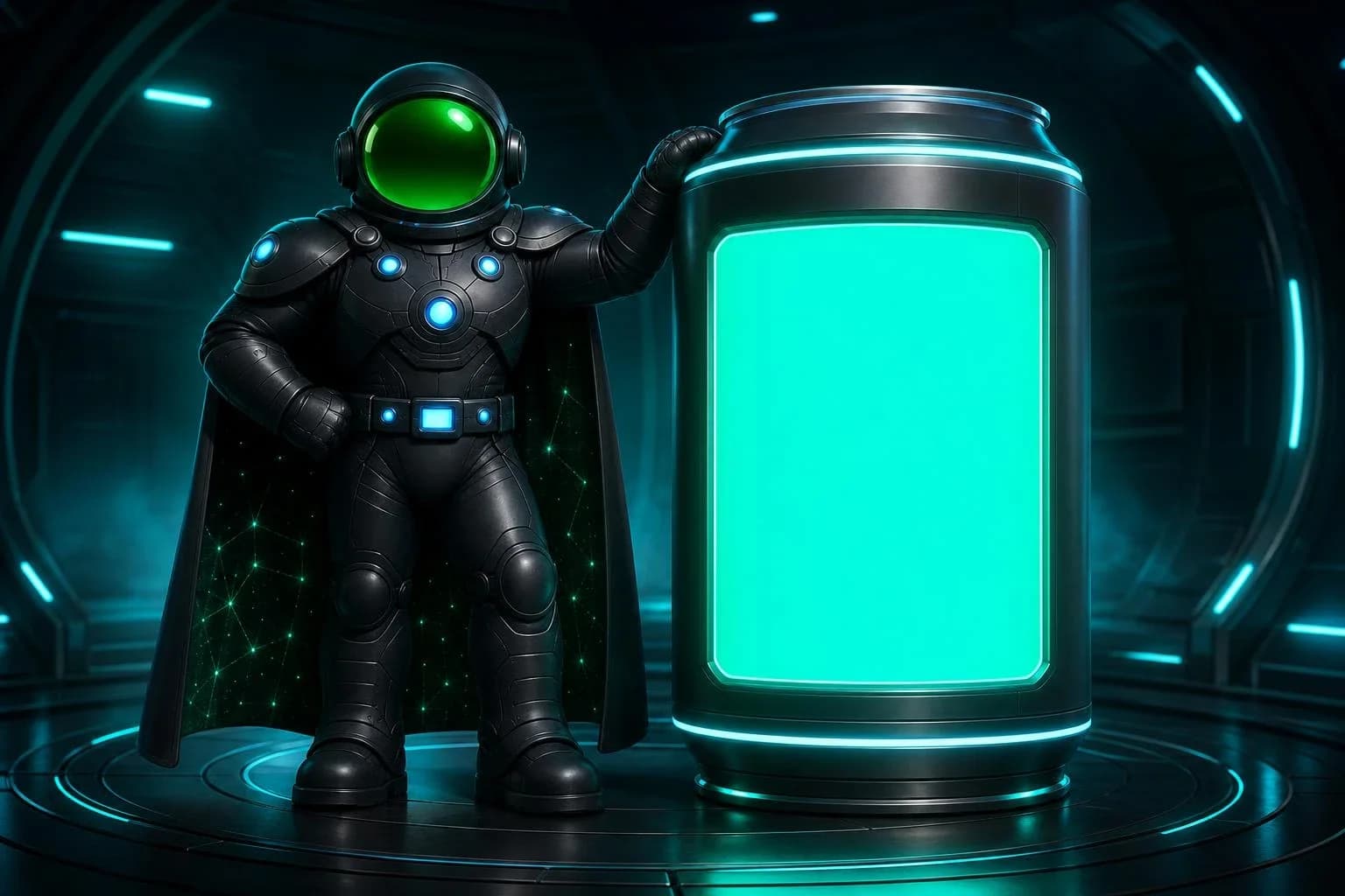 A Quantulon stands beside an oversized, monument-scale drink can whose label runs a demo brand