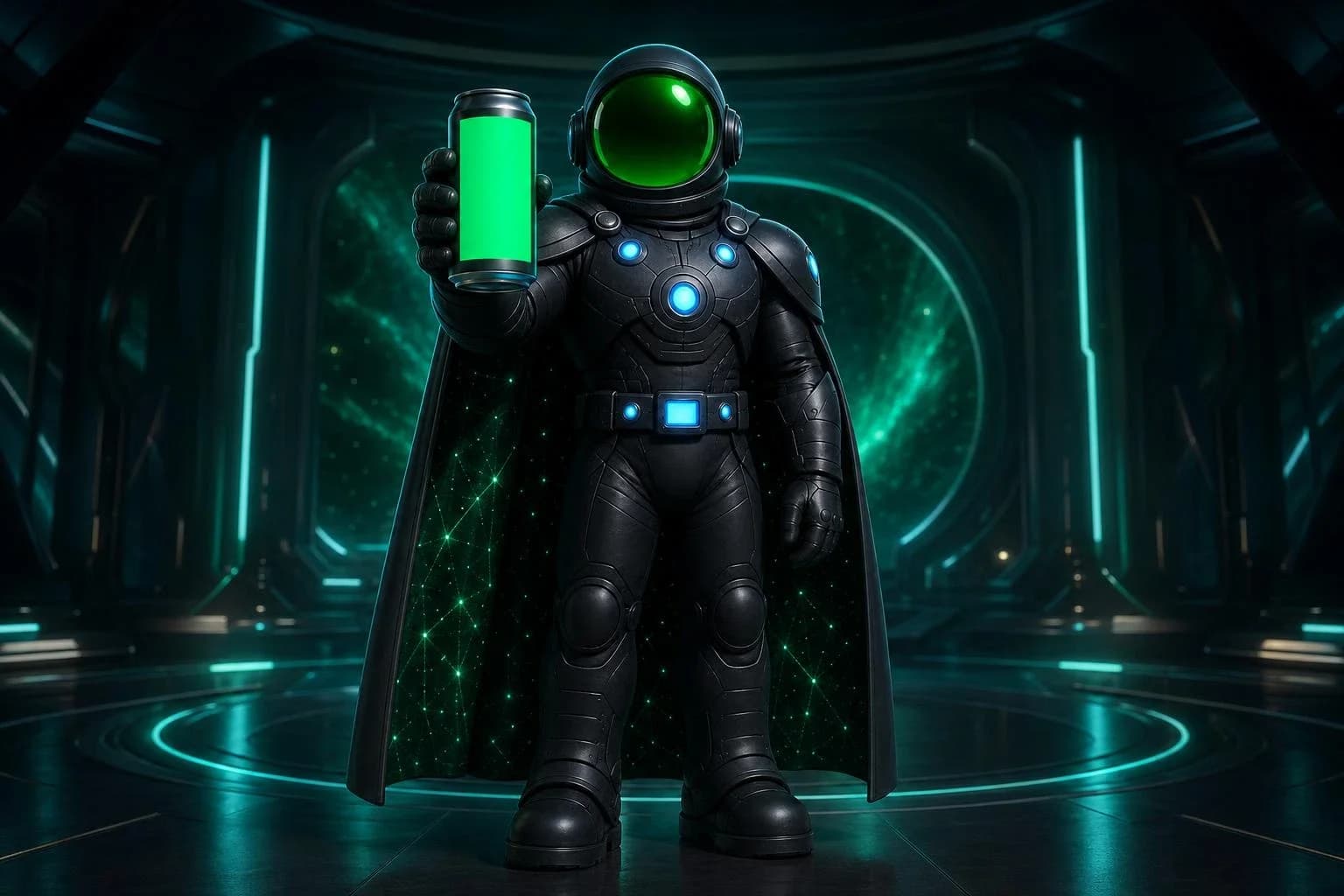 A Quantulon holds a drink can up to the camera, its label running a demo brand