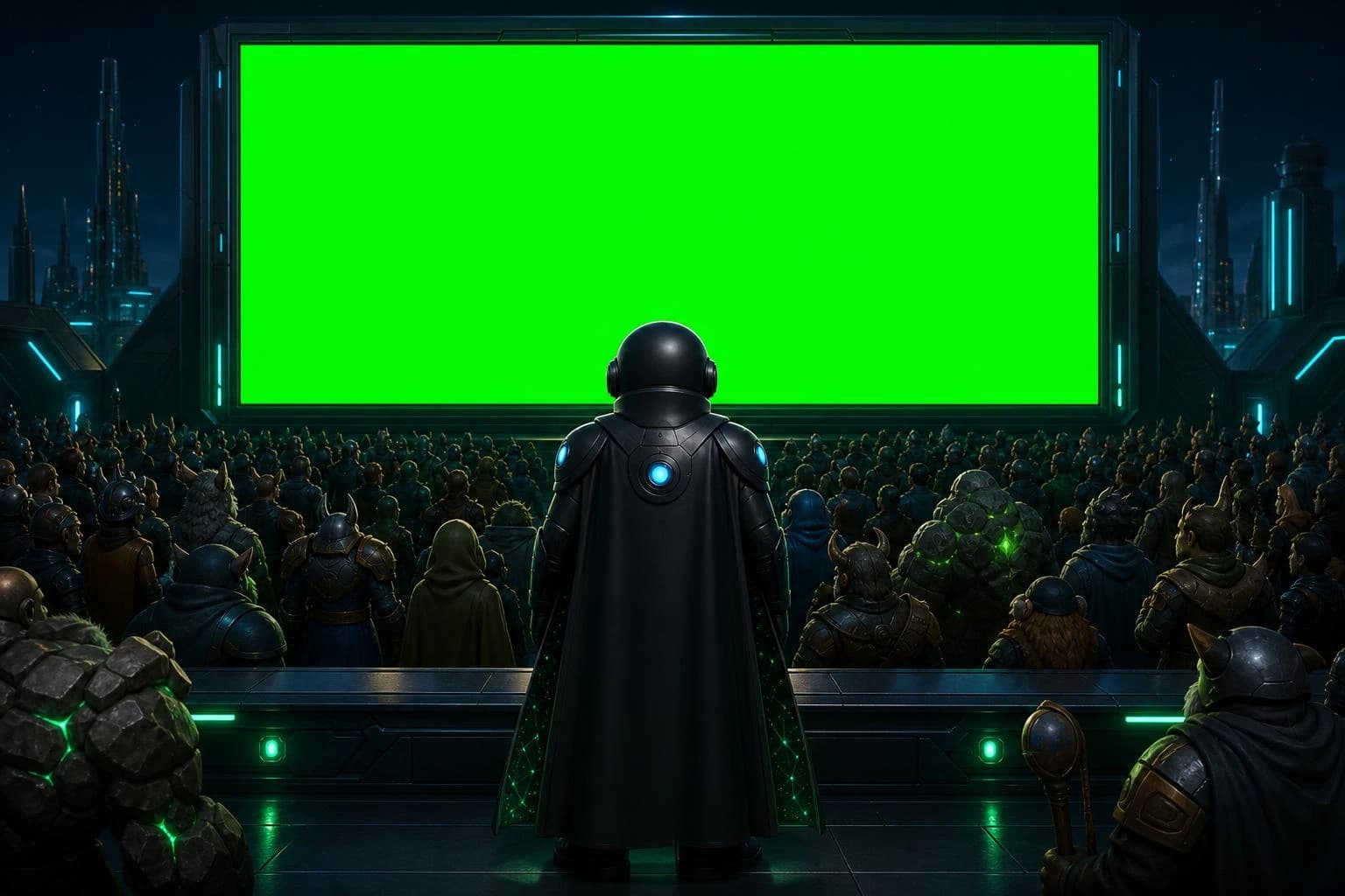 Quantulon at the front rail of a packed plaza, heroes of every other kind behind him, all turned toward one sponsorship screen, with no other sign in sight
