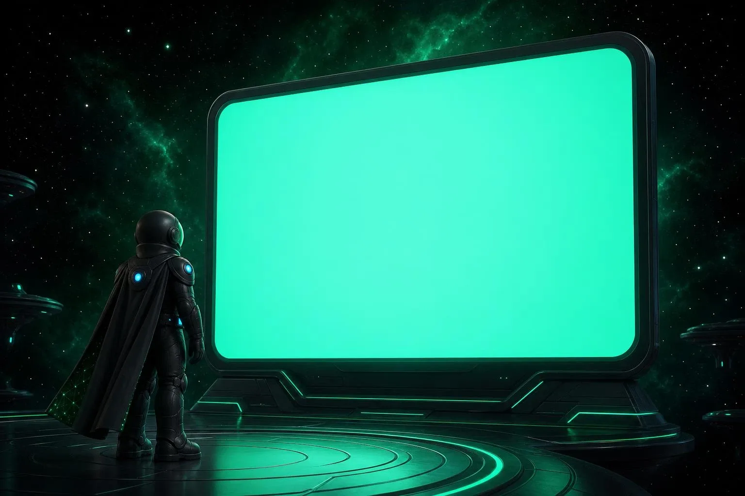 Quantulon stands small on a dark platform, looking up at a colossal panel running a demo brand takeover, under a nebula sky